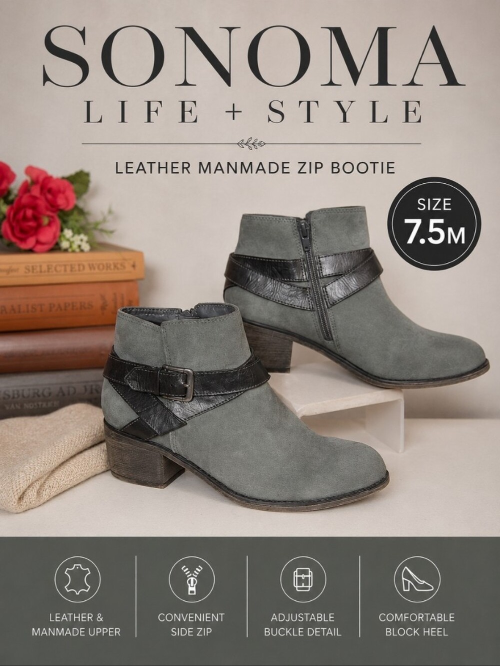 SONOMA LIFE +STYLE Leather Manmade Zip Bootie 7.5M